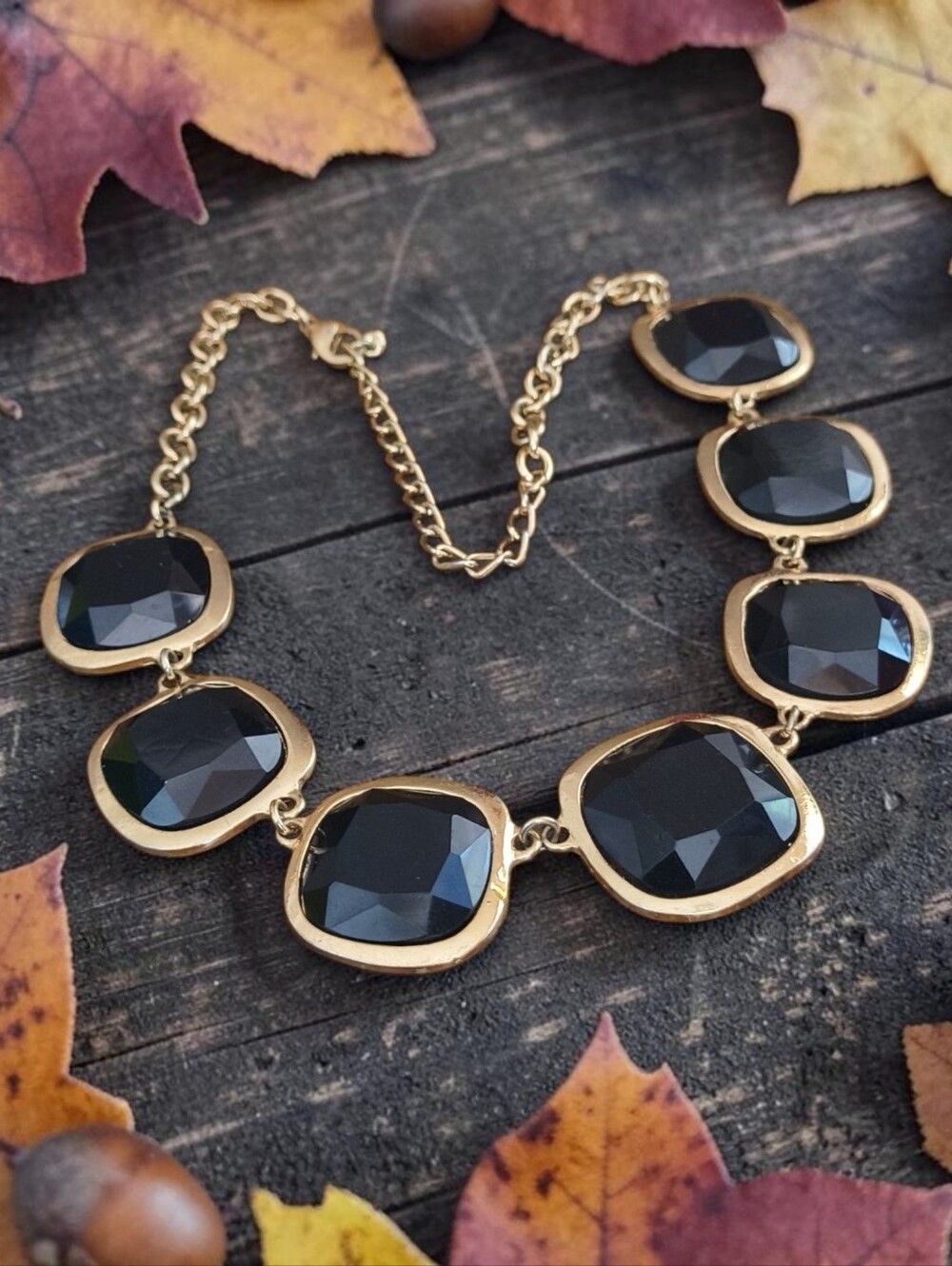 Goldtone Statement Necklace with Black Faceted Stones